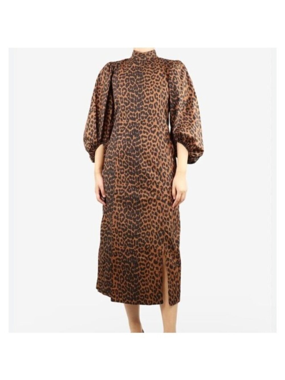 Ganni Sustain Leopard puff sleeves midi dress, Brown Leopard, Size 34